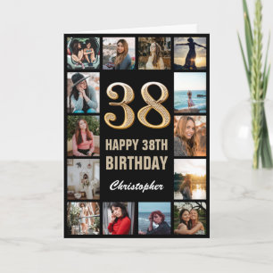 38e Happy Birthday Black en Gold Photo Collage Kaart