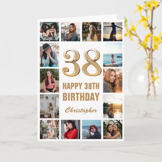38e Happy Birthday Gold en White Photo Collage Kaart (Gele Bloem)