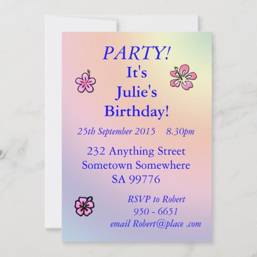 38e uitnodiging van de Birthday party met roze blo (Achterkant)