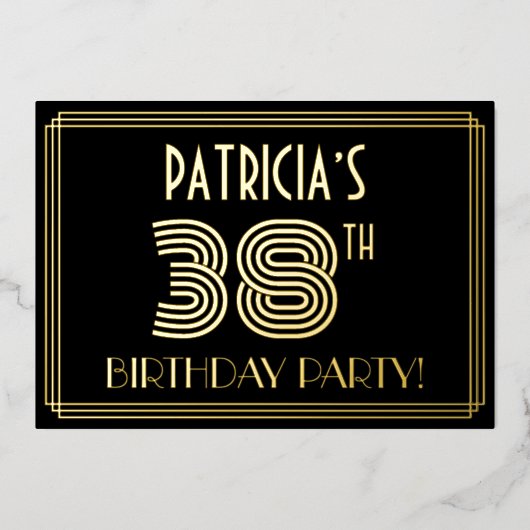 38e verjaardag — Art Deco Style "38" + Naam Folie Uitnodiging (Voorkant)
