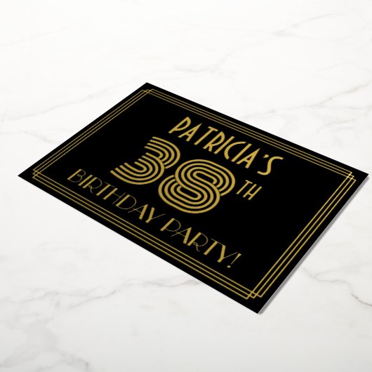 38e verjaardag — Art Deco Style "38" + Naam Folie Uitnodiging (Gedraaid)