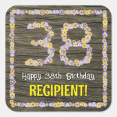 38e verjaardag: Bloemnummer, Faux Wood Look, Naam Vierkante Sticker (Voorkant)