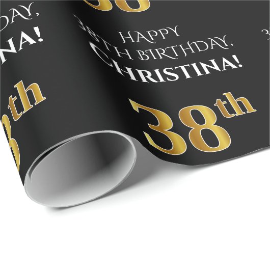 38e verjaardag: Elegant, zwart, Faux Gold look Cadeaupapier (Rol Hoek)