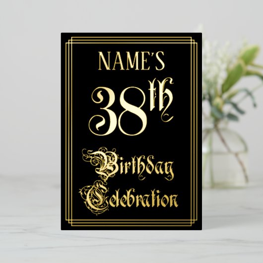 38e verjaardag — Fancy script en aangepaste naam Folie Uitnodiging (Staand Voorkant)