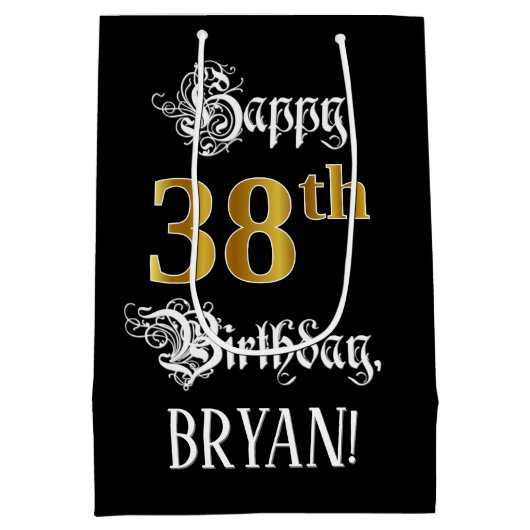 38e verjaardag ~ Fancy script; Faux Gold look; naa Medium Cadeauzakje (Achterkant)