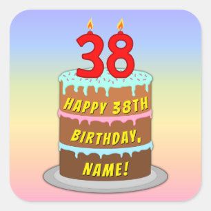 38e verjaardag: Fun Cake and Candles + Custom Name Vierkante Sticker