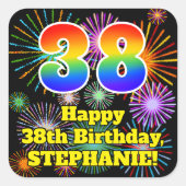 38e verjaardag: Fun Fireworks Kijk, regenboog # 38 Vierkante Sticker (Voorkant)