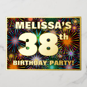 38e verjaardag — Fun, kleurrijke Fireworks look Folie Uitnodiging