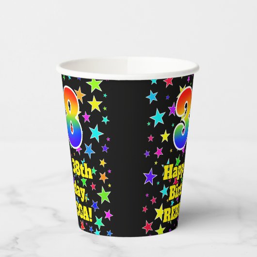 38e verjaardag: Fun Stars Pattern en Rainbow 38 Papieren Bekers (Links)