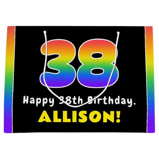 38e verjaardag: kleurrijke regenboog # 38, aangepa groot cadeauzakje (Voorkant)