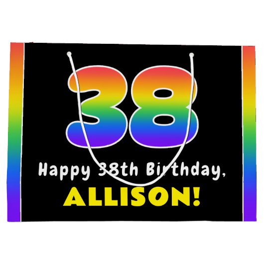 38e verjaardag: kleurrijke regenboog # 38, aangepa groot cadeauzakje (Achterkant)