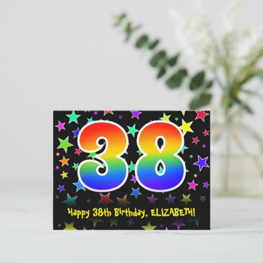 38e verjaardag: leuk sterrenpatroon, regenboog 38, briefkaart (Staand voorkant)