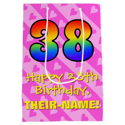 38e verjaardag: Leuke roze harten strepen; Regenbo Medium Cadeauzakje (Achterkant)