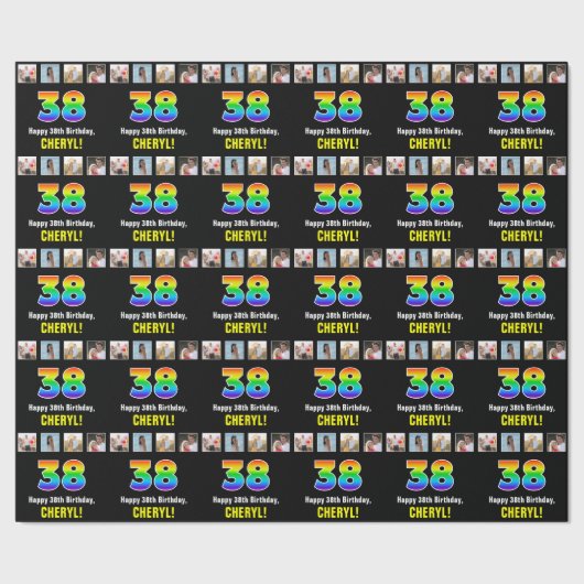 38e verjaardag: Regenboog "38"; Aangepaste foto's  Cadeaupapier (Zoom)