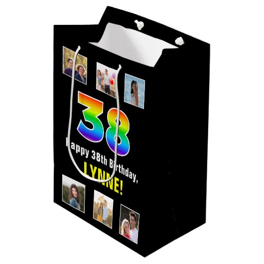38e verjaardag: Regenboog "38", aangepaste foto's Medium Cadeauzakje (Voorkant Gekanteld)