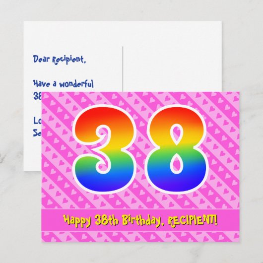 38e verjaardag: roze strepen & harten, regenboog 3 briefkaart (Voorkant / Achterkant)