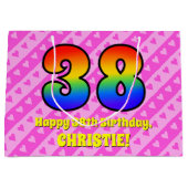 38e verjaardag: Roze strips & harten, regenboognr. Groot Cadeauzakje (Voorkant)