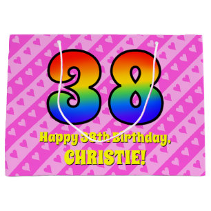 38e verjaardag: Roze strips & harten, regenboognr. Groot Cadeauzakje