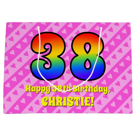 38e verjaardag: Roze strips & harten, regenboognr. Groot Cadeauzakje (Voorkant)