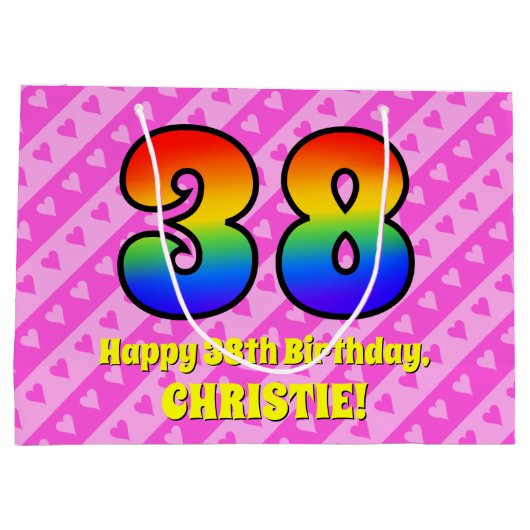 38e verjaardag: Roze strips & harten, regenboognr. Groot Cadeauzakje (Achterkant)