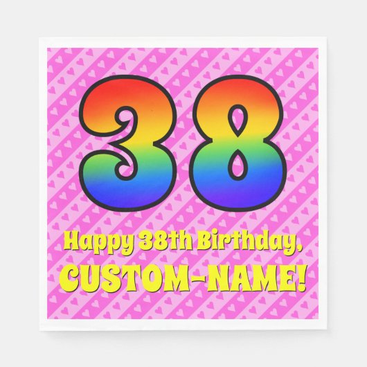 38e verjaardag: Roze strips & harten, regenboognr. Servet (Voorkant)