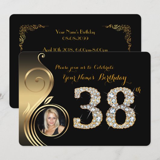 38e verjaardag uitnodiging, nummer diamant, foto 2 kaart (Voorkant / Achterkant)