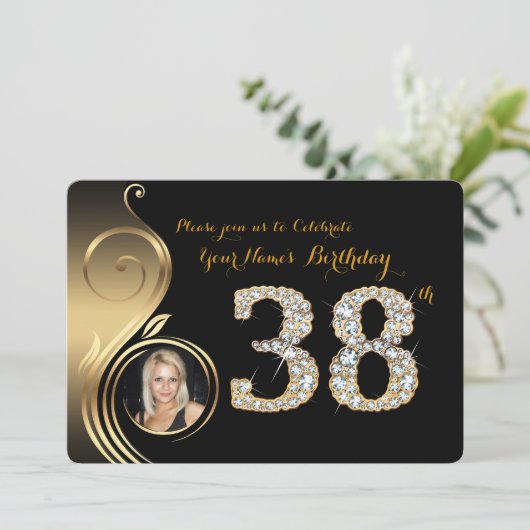 38e verjaardag uitnodiging, nummer diamant, foto 2 kaart (Staand voorkant)