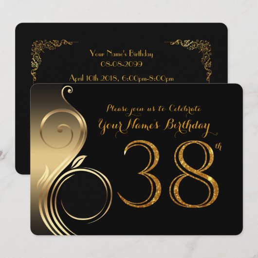 38e, Verjaardag Uitnodiging, Nummer Glitter Goud,  Kaart (Voorkant / Achterkant)