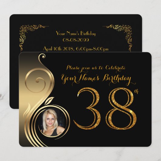 38e, Verjaardag Uitnodiging, Nummer Glitter Goud,  Kaart (Voorkant / Achterkant)