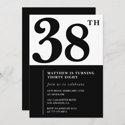 38e verjaardag uitnodigingen Zwart en Wit Elegant (Voorkant / Achterkant)
