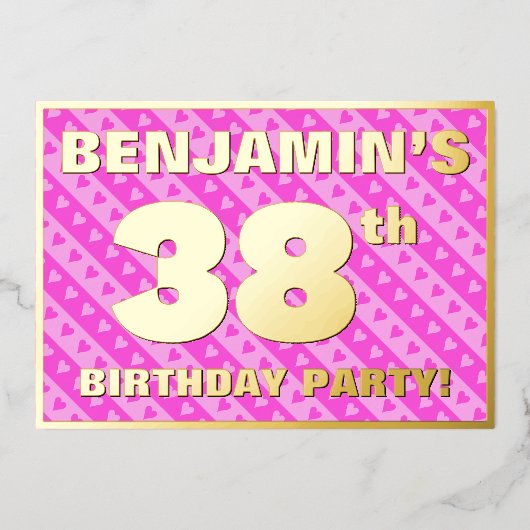 38e verjaardag — vuurroze harten en strips folie uitnodiging (Voorkant)