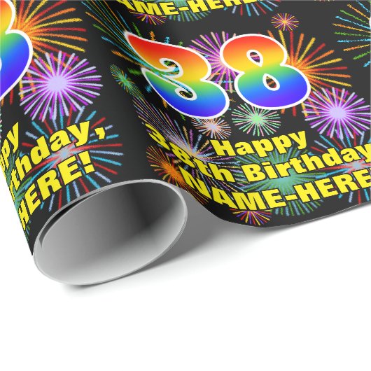 38e verjaardag: vuurwerk, regenboogblik # "38" cadeaupapier (Rol Hoek)