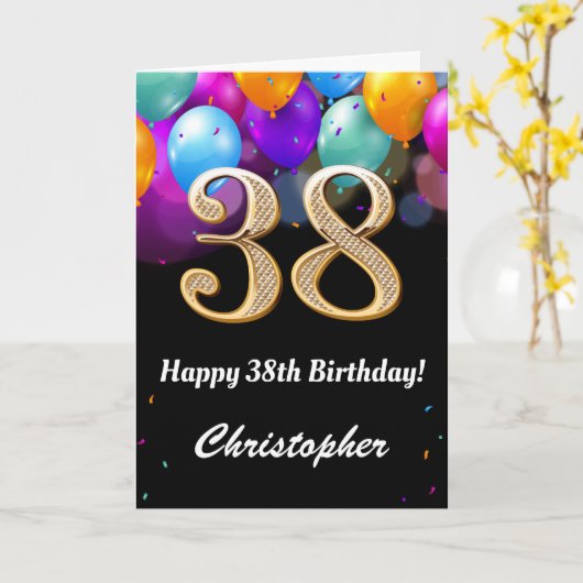 38e verjaardag zwarte en goudkleurige ballonnen kaart (Gele Bloem)