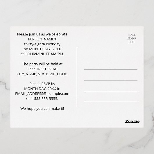 38e verjaardagsfeest: Kijk op bold, kleurrijk vuur Folie Uitnodiging Briefkaart (Achterkant)