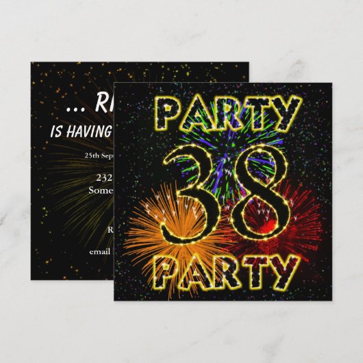 38e verjaardagsfeestuitnodiging met vuurwerk kaart (Voorkant / Achterkant)