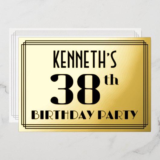 38ste verjaardag: Art Deco Kijk "38" en naam Folie Uitnodiging (Voorkant / Achterkant)