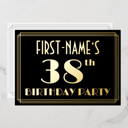38ste verjaardag: Art Deco Kijk "38", met naam Folie Uitnodiging (Voorkant / Achterkant)