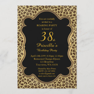38th, Birthday Party 38th, Cheetah, Black & Gold Kaart