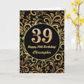 39e Birthday Black en Gold Floral Pattern Kaart (Gele Bloem)