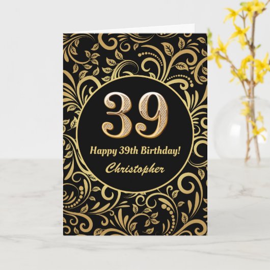 39e Birthday Black en Gold Floral Pattern Kaart (Gele Bloem)