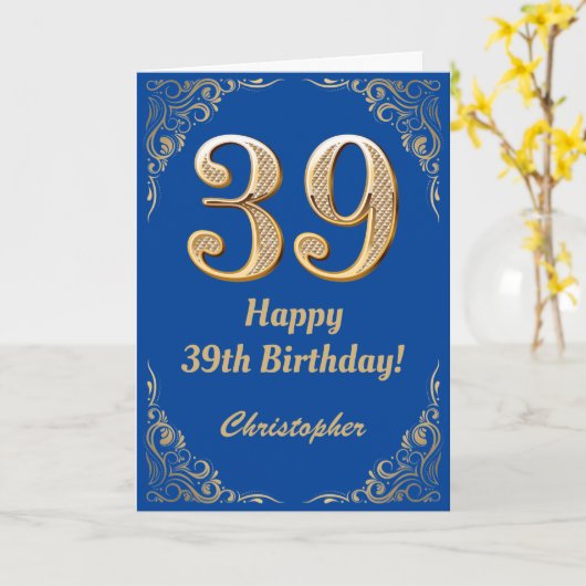 39e Birthday Blue en Gold Glitter Lijst Kaart (Gele Bloem)