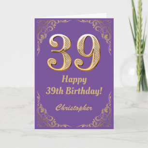 39e Birthday Paars en Gold Glitter Lijst Kaart