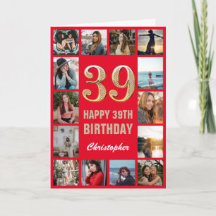 39e Happy Birthday Red en Gold Photo Collage Kaart