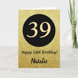 39e Happy Birthday Zwart en Goud Glitter Kaart