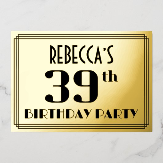 39e verjaardag: Art Deco Kijk "39" en naam Folie Uitnodiging (Voorkant)