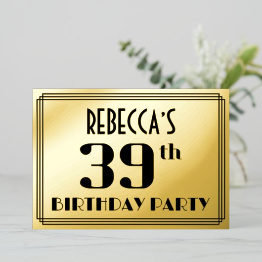 39e verjaardag: Art Deco Kijk "39" en naam Folie Uitnodiging (Staand Voorkant)