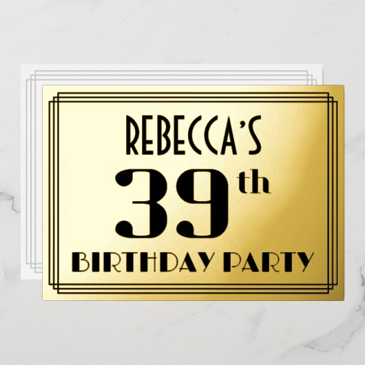 39e verjaardag: Art Deco Kijk "39" en naam Folie Uitnodiging (Voorkant / Achterkant)
