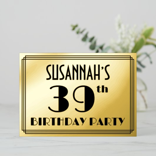 39e verjaardag — Art Deco look "39" + Naam Folie Uitnodiging (Staand Voorkant)