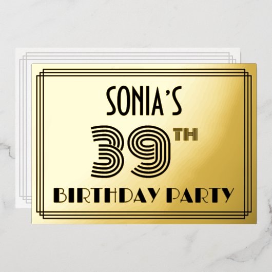 39e verjaardag — Art Deco Style "39" en naam Folie Uitnodiging (Voorkant / Achterkant)