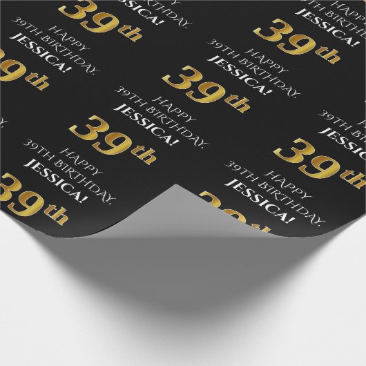 39e verjaardag: Elegant, zwart, Faux Gold look Cadeaupapier (Hoek)